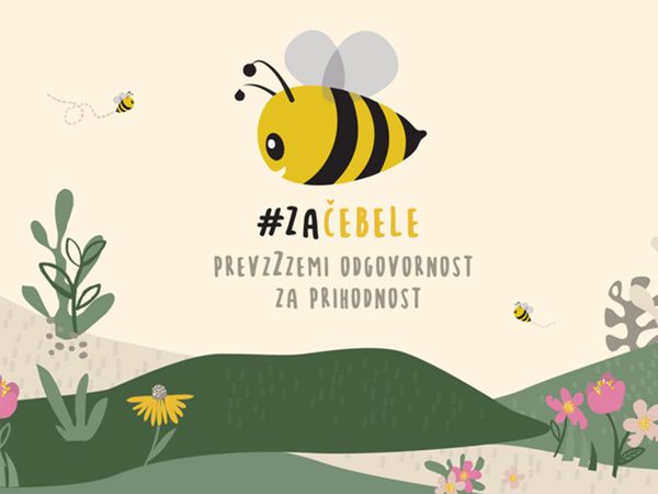 Včela obklopená kvetmi – predstavuje projekty spoločnosti Bosch Nazarje, ktoré sa týkajú včiel.