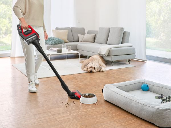The dog's bowl and bed are on the wooden floor in the living room. A woman sucks up a dog's long hair and dirt with the Unlimted ProAnimal.