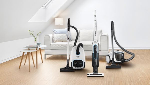 Lineup of three very quiet Bosch ProSilence vacuums, bagged, cordless and bagless