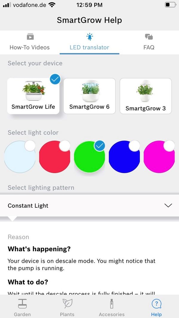 O ecrã das secções de ajuda da aplicação mostra os vários aparelhos SmartGrow e as cores dos LED: branco, vermelho, verde, azul e rosa.