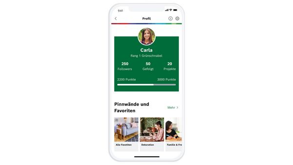 Smartphone-Bildschirm, der das Thema DIY-Community für kreative Haus-und Gartenprojekte in der Bosch DIY App zeigt.
