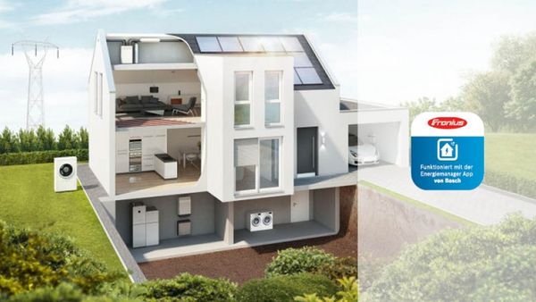 Futuristisch aussehendes Rendering eines Wohnhauses mit Logo eines Solarstromanbieters.