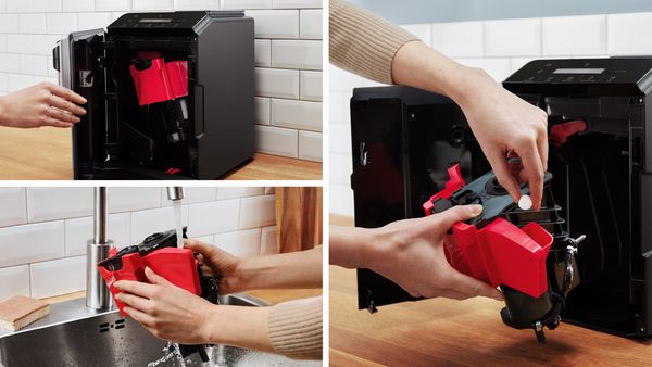 Trzy obrazy przedstawiające łatwo dostępne drzwiczki serwisowe ekspresu VeroCafe Serie 2, dłoń wyjmującą zaparzacz oraz napełnianie zaparzacza wodą pod kranem.