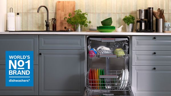 Open built in dishwashers with No1 brand logo