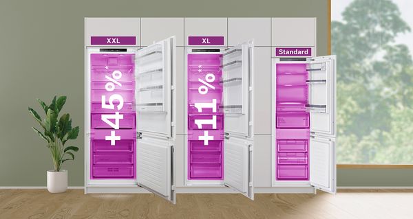 Srovnávací pohled na tři modely integrovaných chladniček s mrazničkou ve velikostech XXL, XL a standardní velikosti. Verze XXL má grafické překrytí +45 %, verze XL má grafické překrytí +11 %.