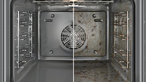 Una metà della parte interna di un forno, con schizzi di unto, a confronto con la pulizia perfetta che si ottiene dopo la pirolisi.