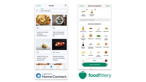 Skærm med Bosch Home Connect-appen og skærm med foodfittery-appen.