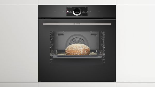 A bread is baked in a built-in oven with steam assistance.