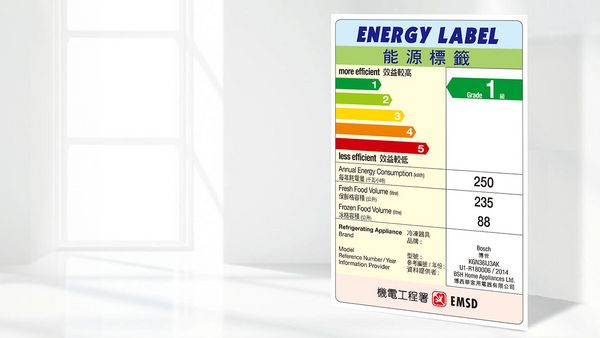 New energy label for fridges showing the efficiency rating B.