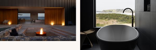 Image collage showing details of the outside seating area and the free-standing bath