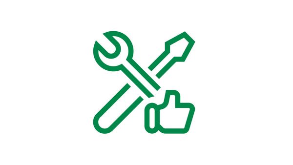 Icono verde formado por un destornillador, una llave inglesa y una mano que hace el gesto de pulgar hacia arriba.