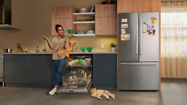 Bosch quiet dishwasher with cat sleeping in front