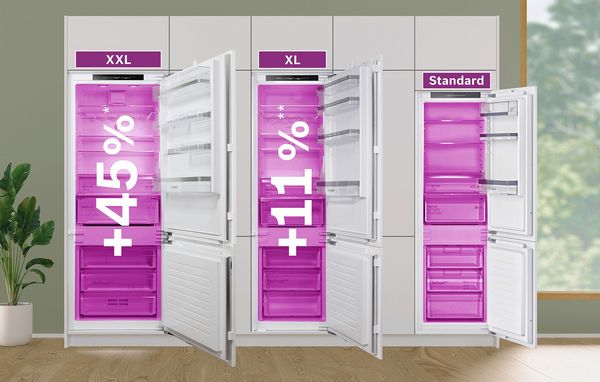 Vaizdas, kuriame lyginami trijų modelių įmontuojami šaldytuvai-šaldikliai – XXL, XL ir standartinio dydžio modeliai. Prie XXL modelio rodoma grafinė perdanga „+45 %“, prie XL modelio – grafinė perdanga „+11 %“.
