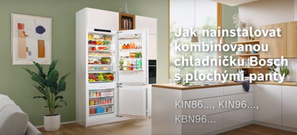 Bílá vestavěná kuchyňská linka s integrovanou XXL chladničkou s mrazákem a logem Bosch.