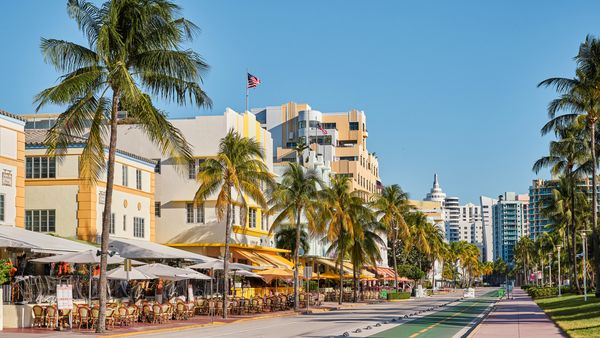 A bright and sunny view of Ocean Drive in Miami