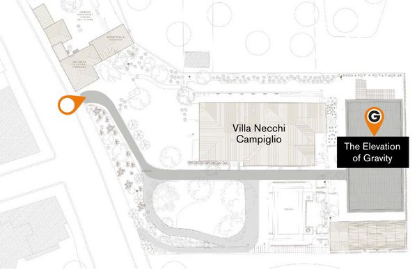 Illustrative map showing entry gate to Villa Necchi Campiglio and the Elevation of Gravity installation