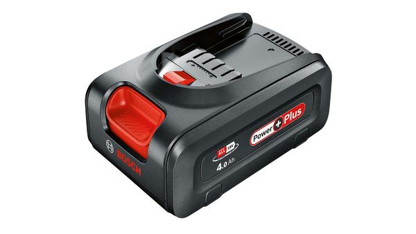 Ein Bosch Power Plus-Akkupack mit einer Kapazität von 4,0 Ah, einem eleganten schwarzen Design und einer roten Akzenttaste.