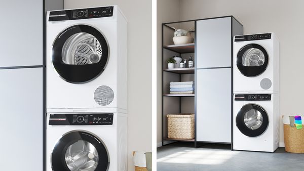 Laundry machines stacked vertically