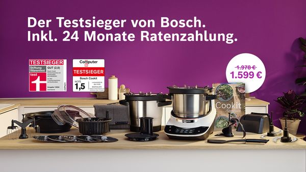 Bosch Cookit Küchenmaschine – Testsieger Stiftung Warentest 1/2024 (Note 2,0), inklusive Zubehör und Ratenzahlung für 1.599 € statt 1.978 €.