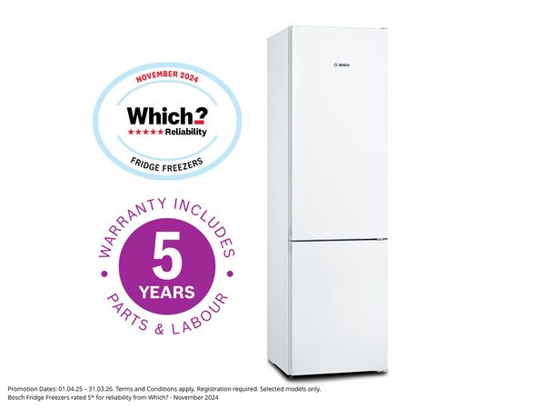 Fridge freezer with Which and 5 Year Warranty icons next to it