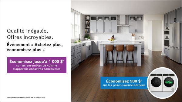 Cuisine grise élégante avec un îlot central et des offres promotionnelles pour suites de cuisine et ensembles lave-linge/sèche-linge.
