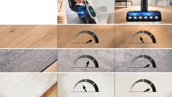 A Bosch vacuum cleaner displays its performance indicator suction power and brush speed on various floor types: hardfloor, carpet, and high carpet.