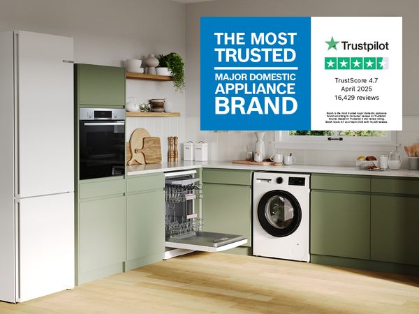 Kitchen with Bosch appliances and Trustpilot recommendation overlay