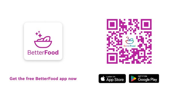 Sigla Bosch BetterFood şi codul QR cu link-ul de descărcare a aplicaţiei BetterFood.