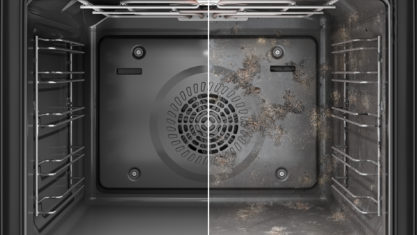 A split image showing the interior of a Bosch oven, with the left side clean and the right side covered in baked-on grease and food residue, demonstrating the effect of a self-cleaning function like pyrolytic cleaning.