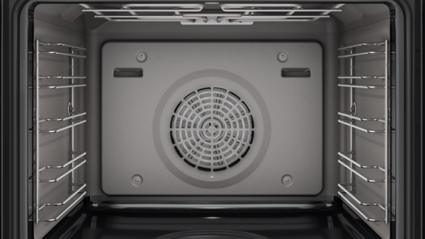 A black Bosch built-in oven, possibly a Series 8 model with a digital control ring.