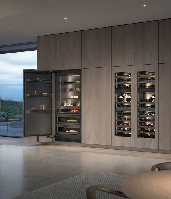 A Gaggenau Vario cooling expressive series refrigerator and wine climate cabinets in a luxury kitchen