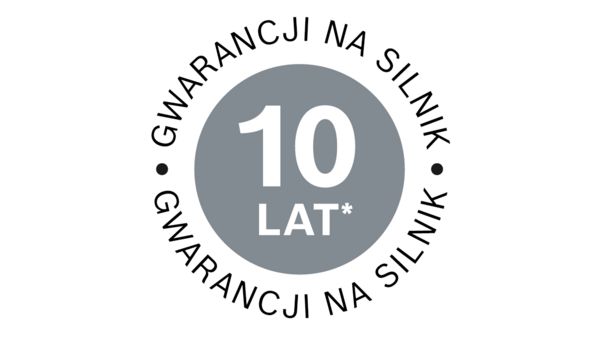 Okrągłe logo z napisem „10 LAT*” pogrubioną czcionką, podkreślające 10-letnią gwarancję na silnik, otoczone napisem „GWARANCJI NA SILNIK”.