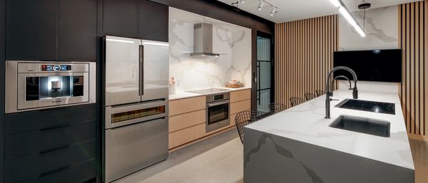 Kitchen with a decorative plant on the countertop and built-in oven below.