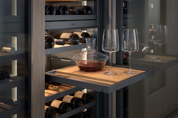 Vario cooling Expressive series wine climate cabinet with a presentation shelf extended