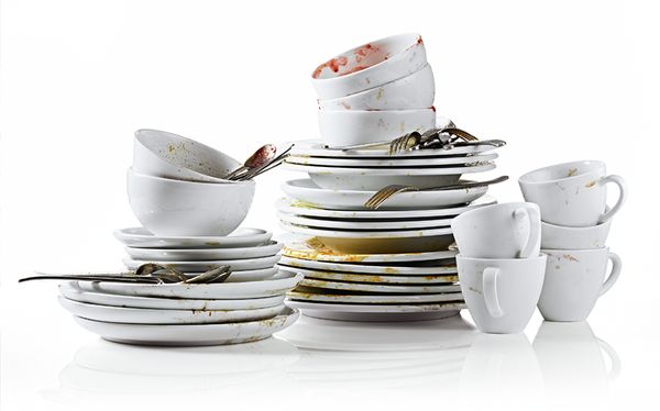 stack of soiled crockery and cups