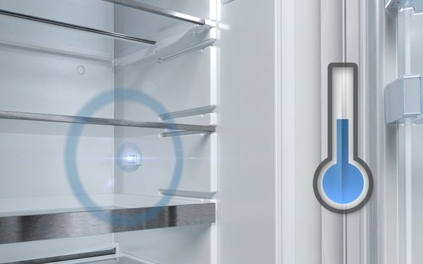 Inside of fridge with close up of FreshSense sensor and thermostat icon