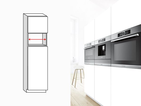 Diagram of Bosch microwave width for tall cupboard or high-level unit