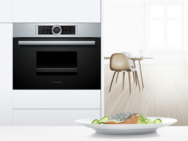 Bosch steam oven with cooked salmon plate