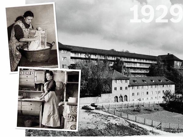 Photographs of Bosch operations building and woman doing domestic chores.