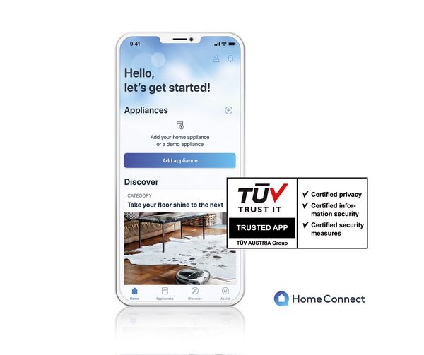 Smartphone met de Home Connect app en een 'vertrouwd'-logo.