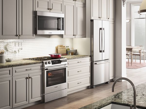 Bosch dual-fuel range installed in a modern kitchen design 