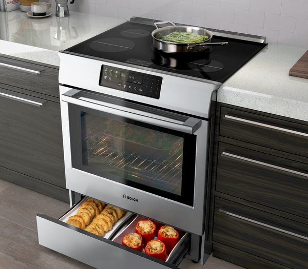 Bosch stainless steel range with warming drawer. 