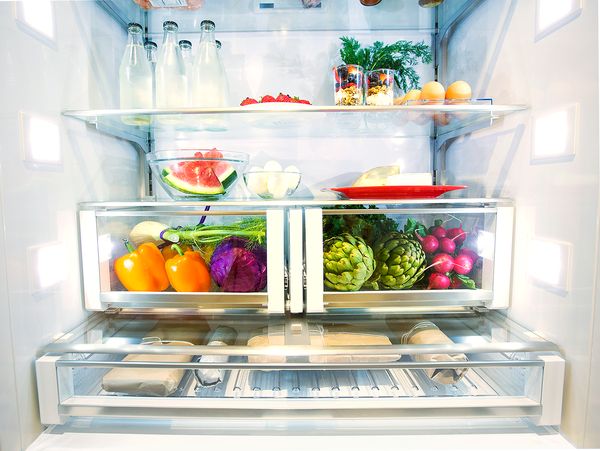 Interior of Bosch single door refrigerator, stocked with food