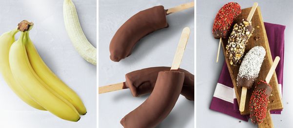 Three stages of creating chocolate bananas, fresh, dipped and coated