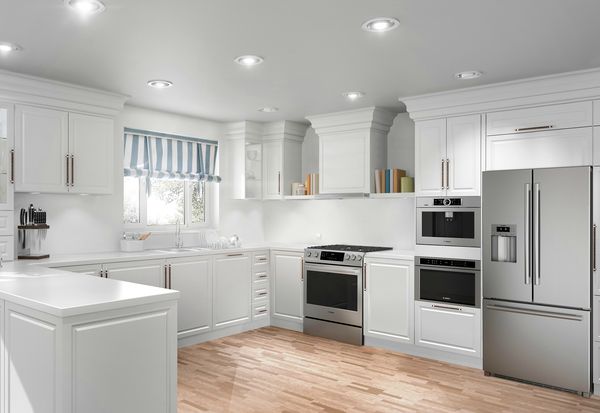 Bosch gas range installed in a traditional white kitchen design 