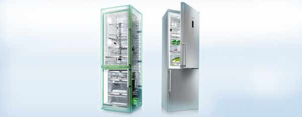 2 Bosch Freestanding Fridge Freezers with one showing all mechanical and electronic internal parts