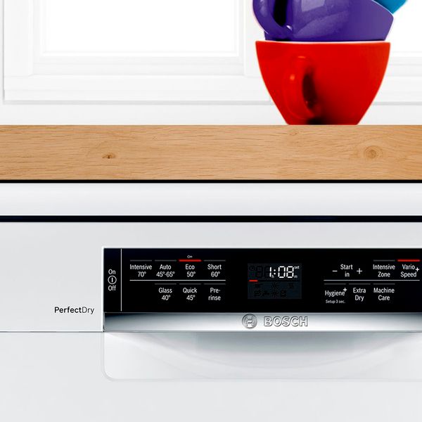 Close up of Bosch serie 6 dishwasher control panel with emotion light