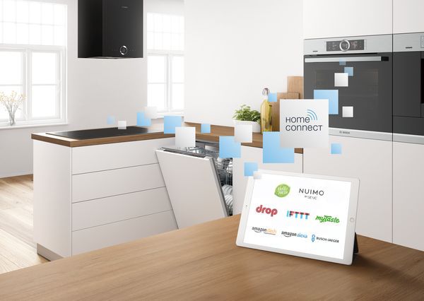 Tablet with home connect partner logos on screen