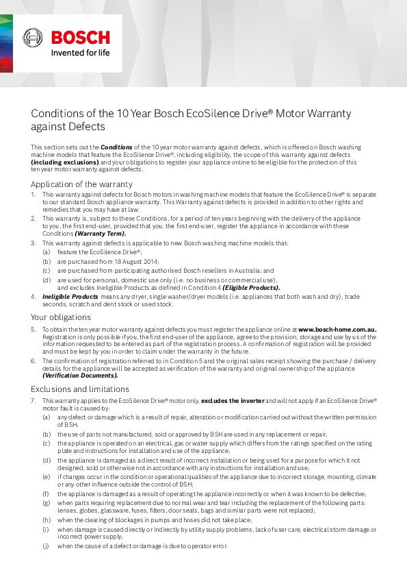 10 Year EcoSilence Drive® Motor Warranty Bosch Home Appliances