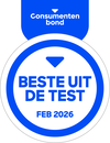 Ronde sticker met het opschrift &ldquo;Beste uit de test&rdquo; uit februari 2026, die de hoogste waarderingen aangeven